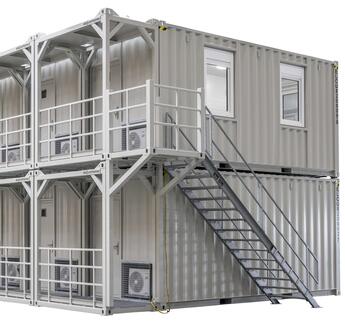 Container combined into a system with gangways and stairs